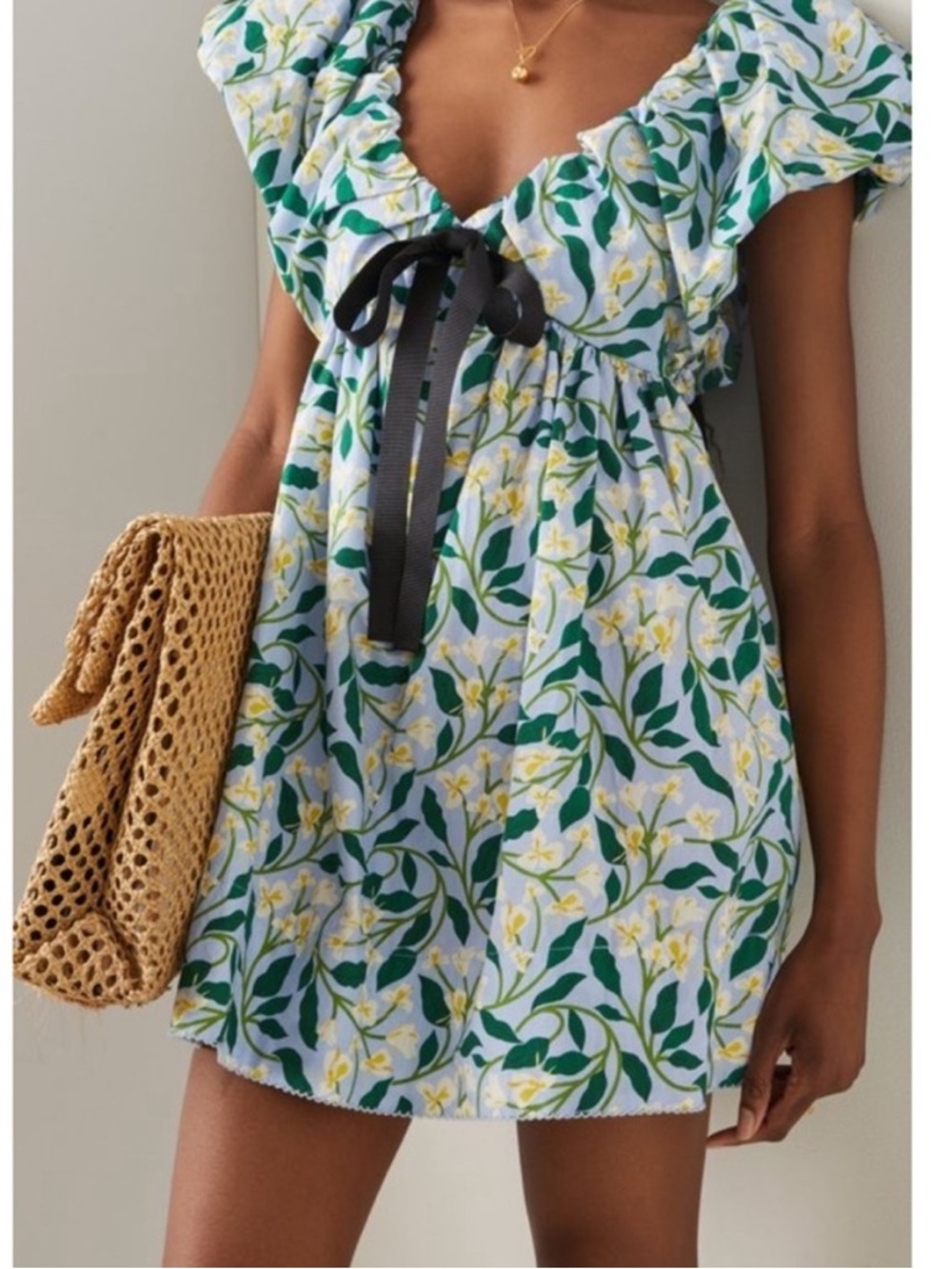Agua by Agua Bendita Blue Floral Mini Dress with Green Leaves and Yellow Blooms